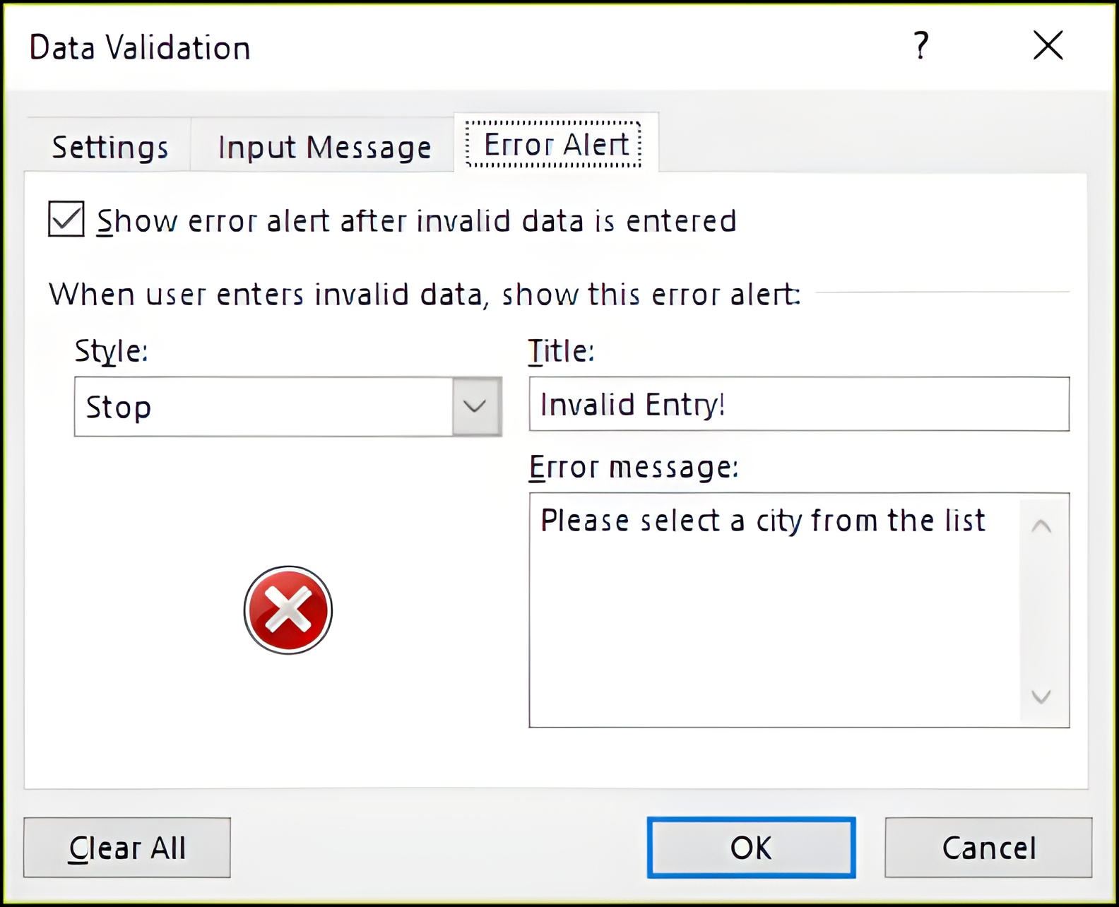 Head to the Error Alert tab on Excel Sheet